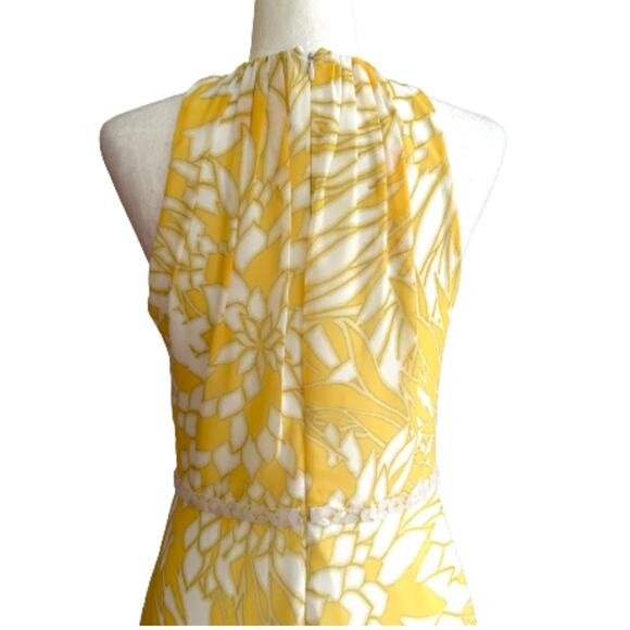 Badgley Mischka Dress Yellow White Paradiso Sleeveless Beaded Waist Midi Size 4 - Picture 6 of 13